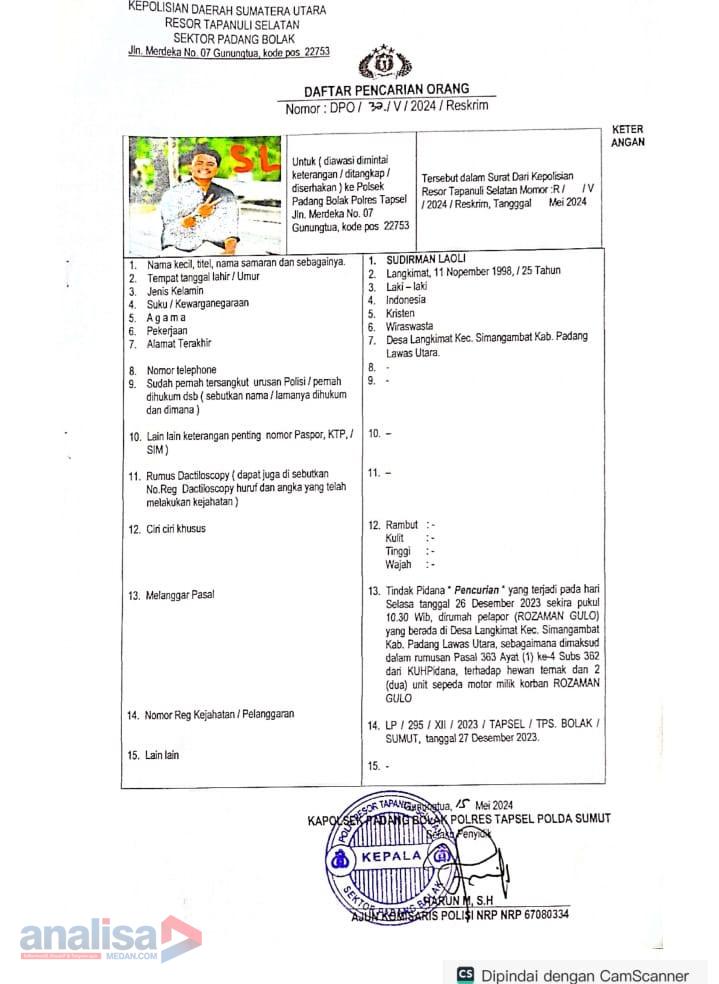 DPO Terbit, Tersangka SL Pencuri Sepeda Motor dan Ternak di Simangambat Padang Bolak Diburu