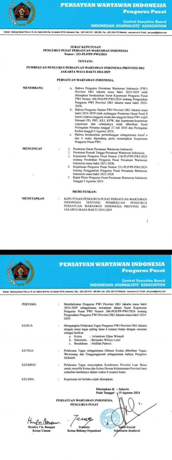 Langgar Aturan, PWI DKI Jakarta Dibekukan Enam Provinsi Peringatan Keras